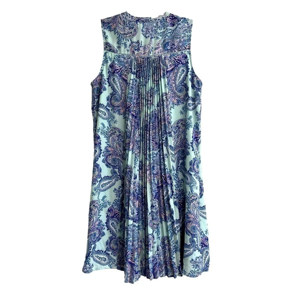 DR2 Daniel Rainn Blue Purple Paisley Pleated Swing Dress Size Small - Picture 2 of 8